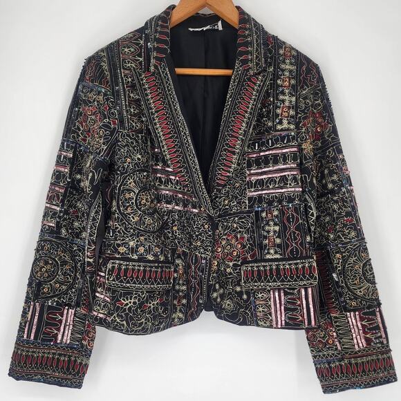 Vintage Anage Black Embroidered Patchwork Blazer Women’s Size Medium - Picture 1 of 16